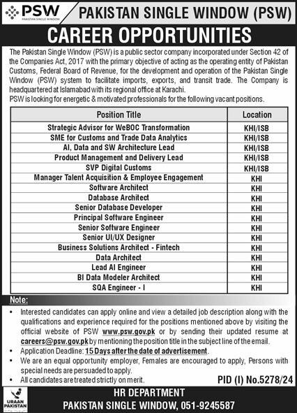 Pakistan Single Window Jobs advertisement 2025