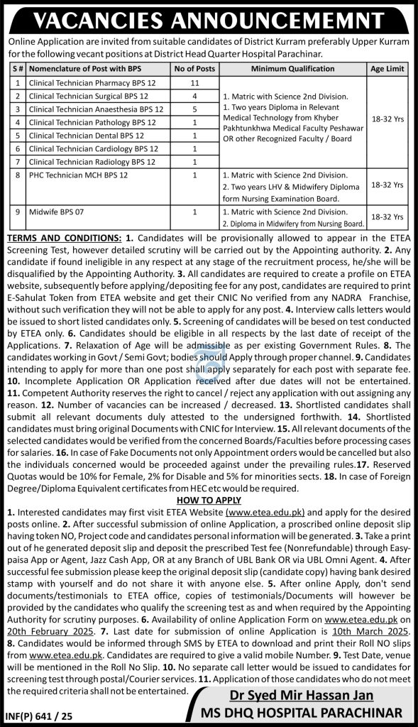 Parachinar Jobs in DHQ Hospital advertisement