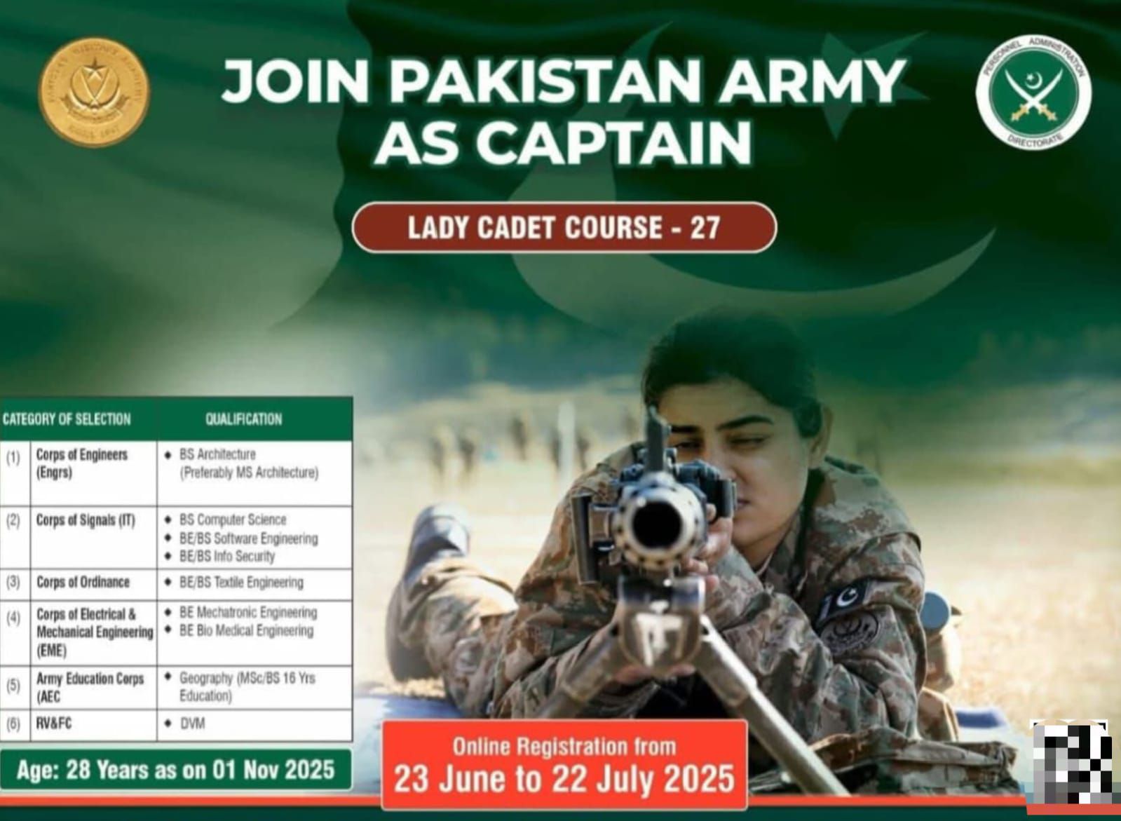Join Pak Army As Captain Via Lady Cadet Course 27 – 2025 Join Pak Army As Captain Via Lady Cadet Course 27 – 2025